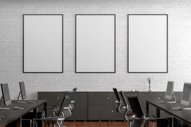 Blank horizontal poster mock up on the wall in office interior Three blank vertical posters mock up on the white brick wall in office interior. 3d render. poster stock pictures, royalty-free photos & images