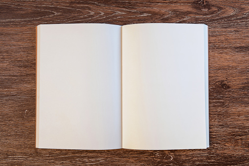 Blank open book on wood background