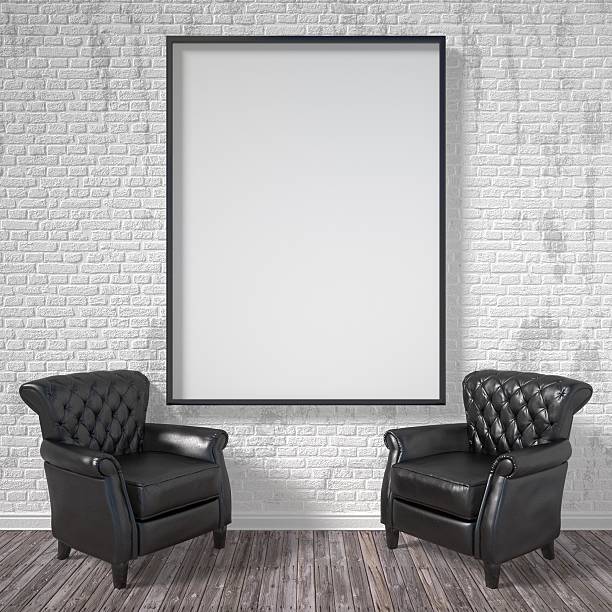 blank picture frame with black armchairs. mock up poster. 3d - fotografi bild bildbanksfoton och bilder