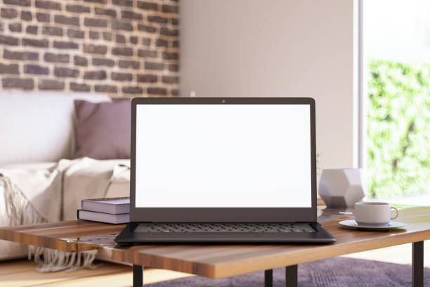 Blank Screen Laptop in Living Room Blank Screen Laptop in Living Room. 3D Render blank screen stock pictures, royalty-free photos & images
