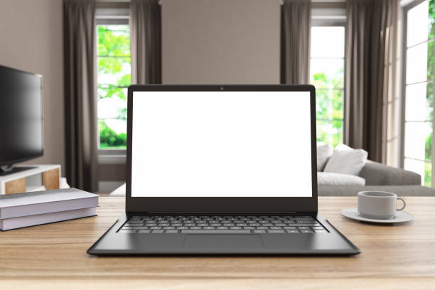 lege laptop van het scherm in woonkamer met koffie - windows laptop table stockfoto's en -beelden