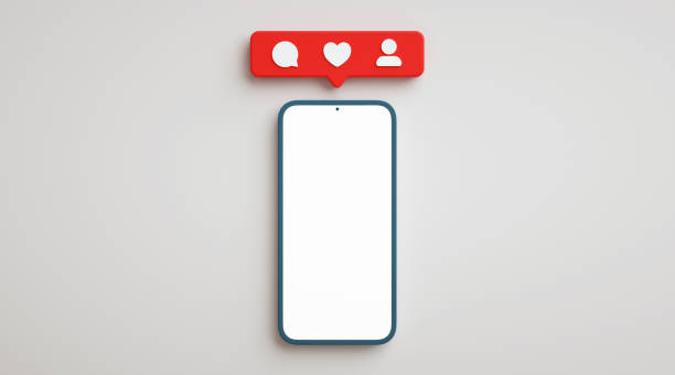 Blank screen phone mockup with social media notifications. Smartphone display in flat lay view with social network button, realistic presentation template in 3D rendering stock photo