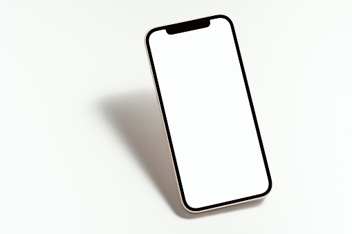 Blank white screen smart phone mockup, template with clipping path on white background, hovering.