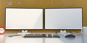 istock Blank screens on a computer desktop monitors, yellow color wall background. 3d illustration 1288292212