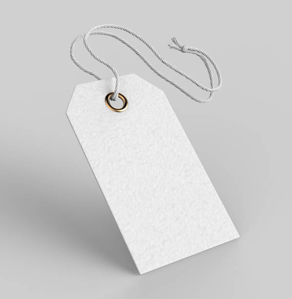 Blank tag tied with string. Price tag, gift tag, sale tag, address label isolated on grey background. 3d render illustration Blank tag tied with string. Price tag, gift tag, sale tag, address label isolated on grey background. labeling stock pictures, royalty-free photos & images