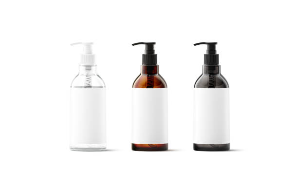 lege transparante, amber, zwarte glasfles met witte etiketmockup - fles stockfoto's en -beelden