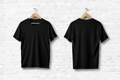 Download Blank Vneck Tshirts Mockup Hanging On White Brick Wall Front And Rear Side View Stock Photo ...