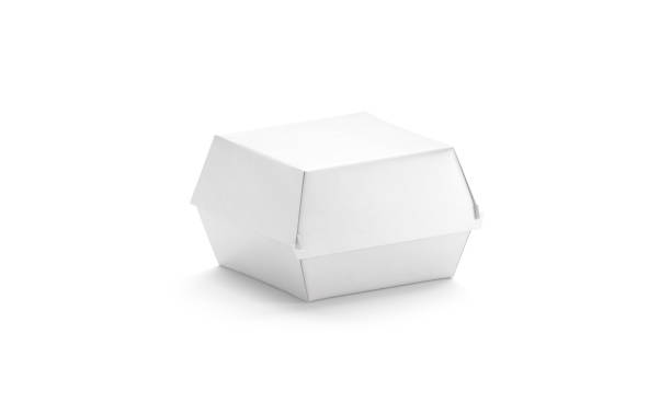 Blank white burger box mockup, isolated, side view, 3d rendering Blank white burger box mockup, isolated, side view, 3d rendering. Empty paperboard wrapping mockup for veggie hamburger. Clear disposable takeout package for chicken wings template. burger wrapped in paper stock pictures, royalty-free photos & images