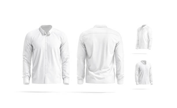 Blank white classic shirt mockup, different views Blank white classic shirt mockup, different views, 3d rendering. Empty spread casual clothing for men wear mock up, isolated. Clear cotton uniform for ceremony outfit template. button down shirt stock pictures, royalty-free photos & images