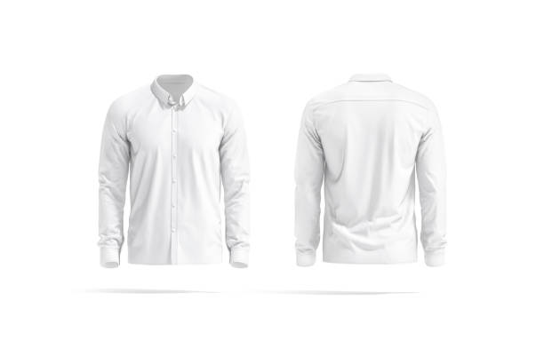 Blank white classic shirt mockup, front and back view Blank white classic shirt mockup, front and back view, 3d rendering. Empty cloth blouse or jacket for formal dress code mock up, isolated. Clear spread casual apparel with collar and sleeve template. button down shirt stock pictures, royalty-free photos & images
