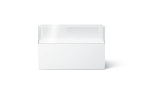 piano vetrina esposizione vetro bianco bianco mock up, isolato - plexiglass foto e immagini stock