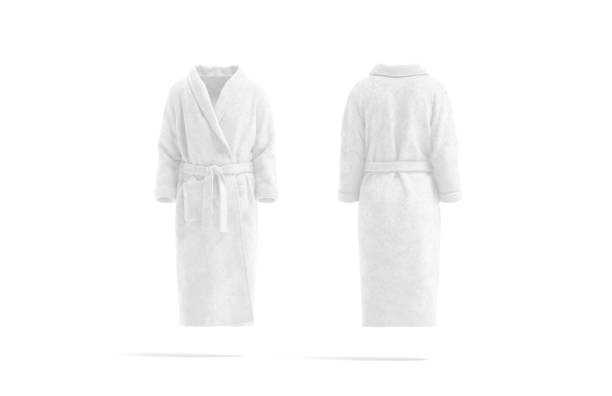 Blank white hotel bathrobe mockup, front and back view stock photo