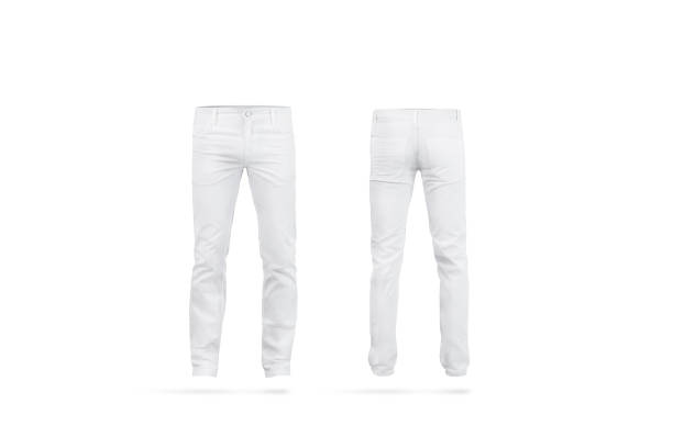 Blank white mens pants mock up, isolated Blank white mens pants mock up, isolated, front and back side view. Empty classic male trousers mockup. Clear denim clothing for work template. Casual jeans for office uniform. pants stock pictures, royalty-free photos & images