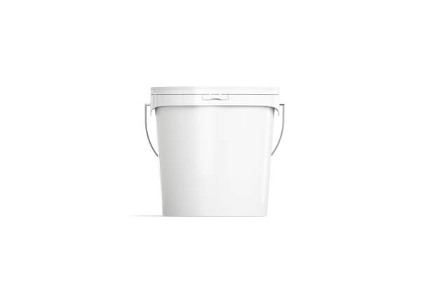 Blank white paint bucket mockup isolated, front view Blank white paint bucket mockup isolated, front view, 3d rendering. Empty package for ice cream or yougurt mock up. Clear sealed container with lid for housework template. bucket stock pictures, royalty-free photos & images