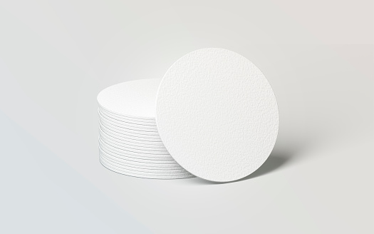 Blank white round beer coasters stack mockup, 3d rendering. Empty circle mat for drink mock up. Clear coster pedestal for can or bottle. Pile of rug for beverage template.