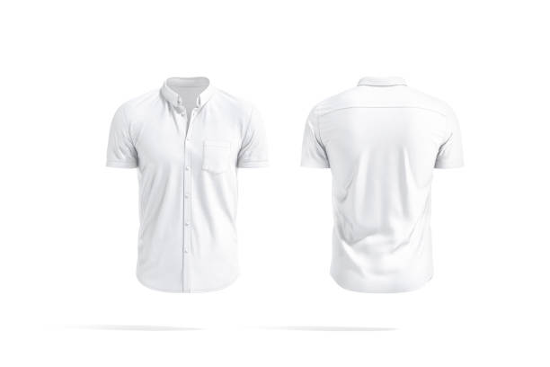 Blank white short sleeve button down shirt mockup, front back Blank white short sleeve button down shirt mockup, front back view, 3d rendering. Empty cotton tank top with pocket mock up, isolated. Clear polo shirt for dress code template. button down shirt stock pictures, royalty-free photos & images