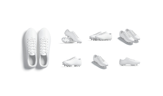 Blank white soccer boot with rubber cleats mockup, different sides, 3d rendering. Empty sneakers for running or futsal playing mock up, isolated. Clear leather footwear uniform template.