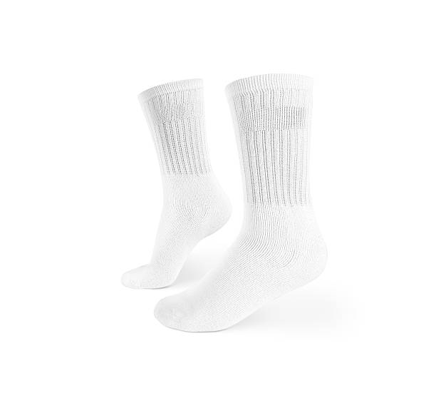 Blank white socks design mockup, isolated, clipping path Blank white socks design mockup, isolated, clipping path. Pair sport crew cotton socks wear mock up. Long clear soft sock stand presentation. Men basketball, football, tennis plain socks template. sock stock pictures, royalty-free photos & images