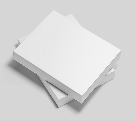 Blank white software box Mockup, medium size Cardboard package box, 3d rendering isolated on light gray background, ready for your design