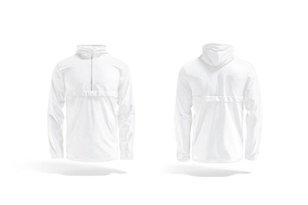 Blank white windbreaker mockup, front and back view stock photo