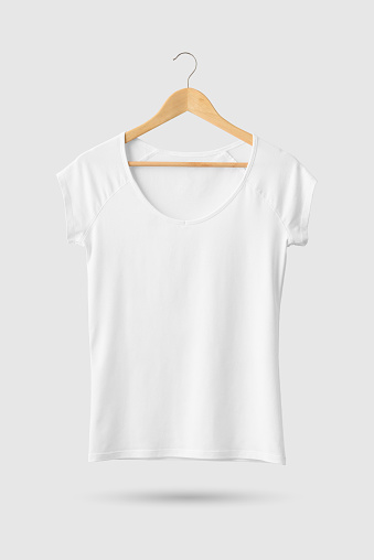 Download Blank White Womens Tshirt Mockup On Wooden Hanger Front Side View Stock Photo - Download Image ...