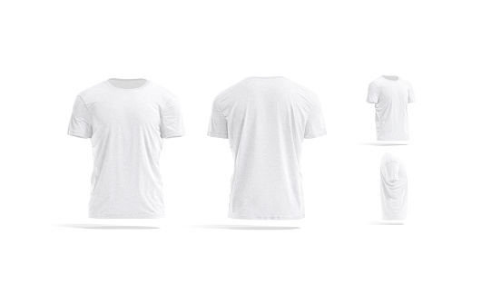 Blank white wrinkled t-shirt mock up, different views, 3d rendering. Empty classic undervest tshirt with neckline mockup, isolated. Clear cloth crumpled apparel template.