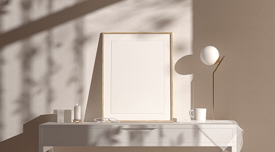 Blank wood a4 frame mockup interior background, 3d rendering. Empty vertical desk border for photography mock up, front view. Clear rectangular wooden framework for home wall template.