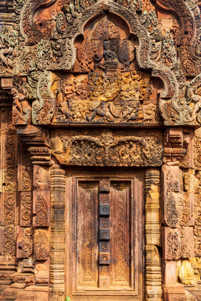Blind door in Banteay Srei temple, Angkor region, Cambodia. stock photo