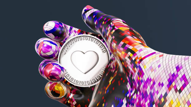Blockchain, the cyborg hand of artificial intelligence, holds the silver virtual currency stock photo
