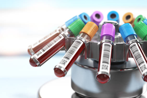 Blood test tubes in centrifuge. Plasma preparation in medical  hematology laboratory concept. Blood test tubes in centrifuge. Plasma preparation in medical  hematology laboratory concept. 3d illustration laboratory equipment stock pictures, royalty-free photos & images