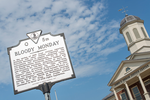 Historical marker signaling the place where the incidents known as Bloody Monday took place in Danville, Virginia