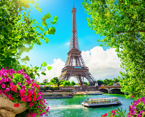 Spring blossom in Paris near Eiffel Tower on river Seine