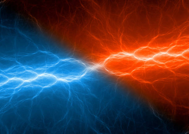 Blue and orange lightning, abstract electric background stock photo