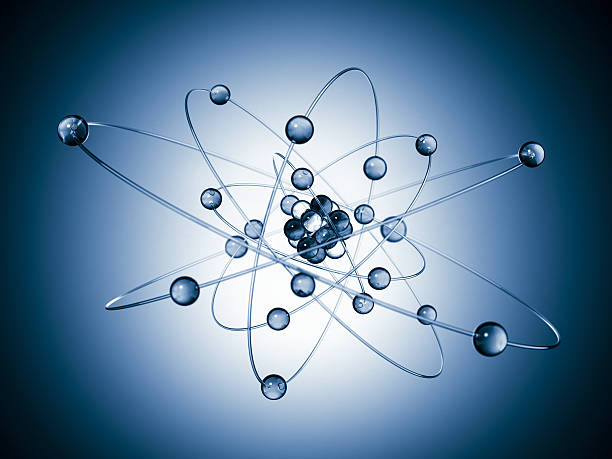 Blue atom water looking molecule Scientific background. 3D render. proton stock pictures, royalty-free photos & images