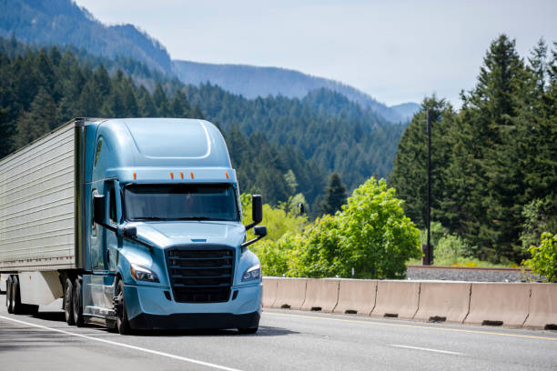Blue bonnet big rig semi truck with black grille transporting cargo in refrigerator semi trailer running on the highway road with mountain and forest on background stock photo