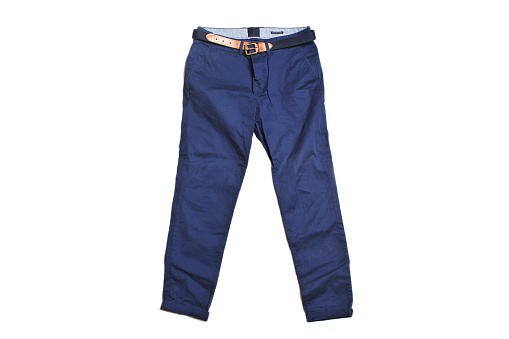 Blue Chino Pants With Brown Leather Belt Isolated On White Background Comfort Slim Fit Hype