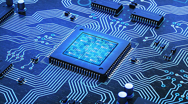 Blue Circuit With Binary Numbers An abstract 3D render of a blue circuit board with many electrical components installed. The central microprocessor has an integrated LCD showing glowing binary code. Components are labelled with random serial numbers. mother board stock pictures, royalty-free photos & images