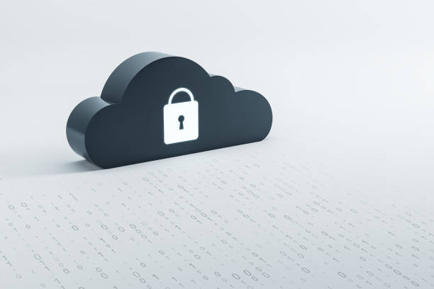 Blue cloud figure with a fingerprint sign standing on a light blue surface. Data security and protection concept, 3d rendering stock photo