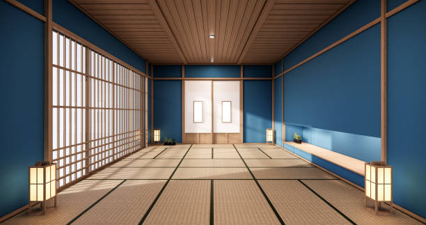 青いカラールームは、畳の床室和風にドア紙とキャビネット棚壁付きインテリアをデザインします。3d レンダリング - 和室 ストックフォトと画像