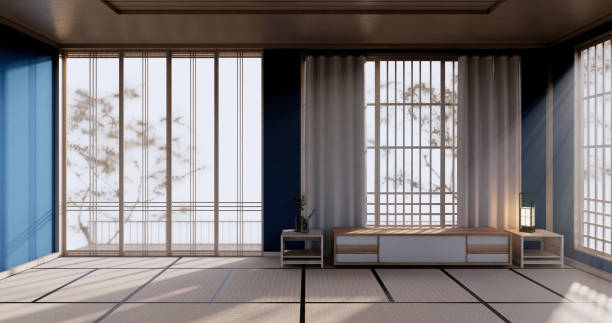 blue color room design interior with door paper and cabinet shelf wall on tatami mat floor room japanese style. 3D rendering stock photo