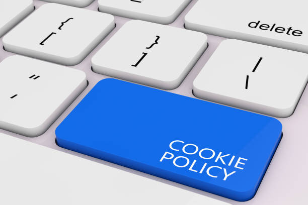 Blue Cookie Policy Key on White PC Keyboard. 3d Rendering stock photo