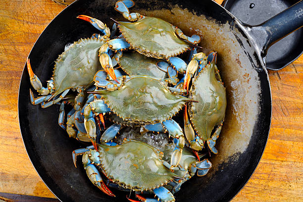 Blue Crab Blue Crab in Chinese Wok. blue crab stock pictures, royalty-free photos & images