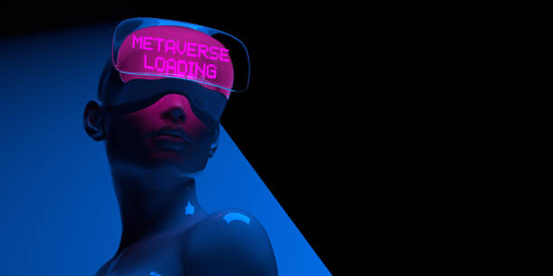 Blue female cyber with neon pink META VERSE LOADING text goggles on geometric dark background stock photo