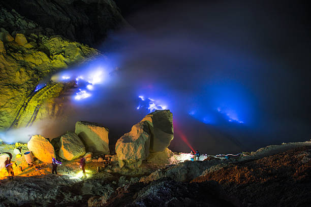 Blue fire, Ijen Volcano Crater stock photo