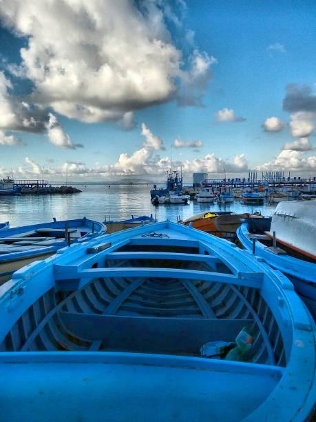 Blue  fishing boat in Marina Grande, Italy, Sorrento on the Amalfi Coast stock photo