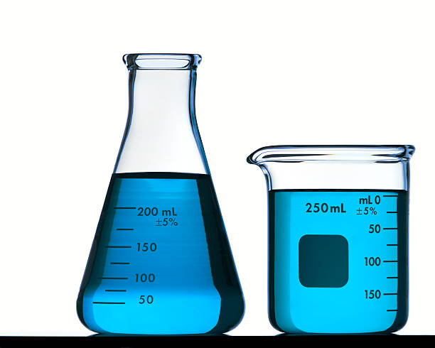 Blue Flask and Beaker Isolated on White with Clipping Path A Back Lit Image of an Erlenmeyer Flask and a Beaker filled with Colorful Fluid.  Isolated on White with Clipping Path. beaker stock pictures, royalty-free photos & images