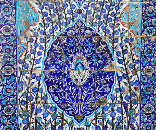 Blue Floral Tile Floor Found in Israel stock photo