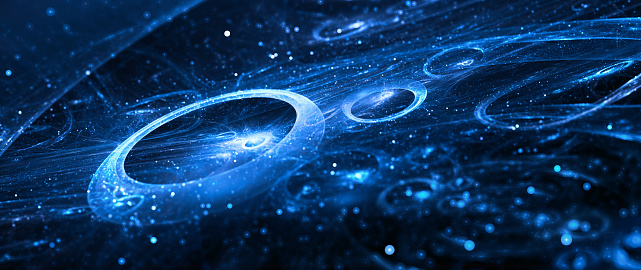 Blue glowing multidimensional galactic toruses in space, computer generated abstract background, 3D rendering
