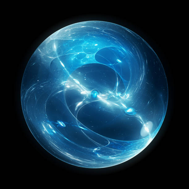 Blue glowing multidimensional energy sphere isolated on black stock photo