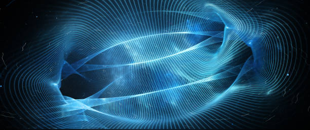 Blue glowing quantum tunnels with correlation in space stock photo